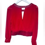 Windsor Sheer Red Top With Leather Trim Waist And Collar NWT Large Photo 6