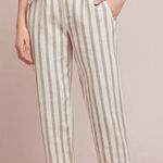 Anthropologie By  Striped Linen Blend High Waisted Belted Pants Sz 6 Cream Brown Photo 0