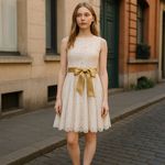 Leslie Fay Ivory Lace Dress‎ Size 6 with Gold Bow Accent Formal Party Bridal Photo 1