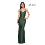 La Femme  Emerald Green Satin Lace Up Back Maxi Gown Size 8 Photo 2