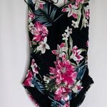 Kona Sol  Black With Pink Tropical Floral Print Lace Up Back One piece Swimsuit M Photo 0