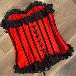 None Ruby Red Steel Bonded Satin Ribbon Overbust Ruffle Waist Trainer Corset … Photo 12