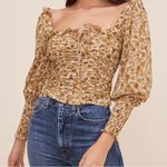 ASTR NWT  the label Square Neck Ruched Top ivory mustard yellow Floral blouse S Photo 0
