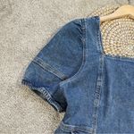 SO  Women’s Denim Mini Dress Square Neck Puff Sleeve Smocking Panels Size L Photo 6