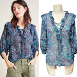 Anthropologie Haida Peasant Top Sheer Ruffle Paisley Print Blue Teal Size XS Photo 1
