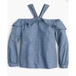 J.Crew  Women's Top Off The Shoulder Tie Neck Top Boxy 3/4 Sleeve Blue Size 4 Photo 1