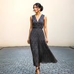 Ulla Johnson  Navy Blue Sleeveless Metallic Patterned Tiered Midi Dress Women's 2 Photo 1