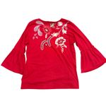 Johnny Was Freyde Women's M Red T-Shirt Floral Embroidered Bell Sleeve Boho Photo 4