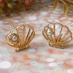 Gold Shell Earrings With Mini Pearl Studded Earrings Photo 1