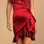 Lulus NWT  Romantic Nights Burgundy Satin Ruffled Bodycon Mini Dress Size XL Photo 0