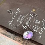 Handmade Purple Floral Art Oval Pendant Necklace | 18” Stainless Steel Chain Photo 3