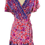 Zesica Floral Wrap Dress Pink Purple Blue Short Sleeve Ruffle Hem Midi Size M Size M Photo 0