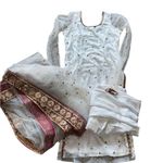 NEW Indian Bollywood 3Pcs Ready To Wear Satin Sequins Heavy Red Border Suit White Size 8 Photo 8