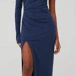 Katie May  Deep Sea Blue MOJAVE Single Long Sleeve HIGH SLIT‎ Ruched GOWN XS Photo 0