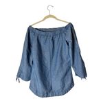 Free People  Shirt Women XS Blue Off The Shoulder Chambray Tie Cuff Top Boho Photo 3