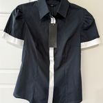 Women's Nife Black Short Sleeve Blouse White Detail Puff Shoulders Medium NWT Photo 0