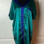 VINTAGE BLUE & GREEN SATIN PEARL BUTTON SHIRT DRESS Size M Photo 0