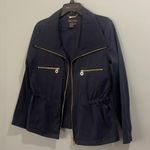 Dana Buchman Navy Cinch Waist Lightweight Jacket Gold Brass Detail Coat Photo 1