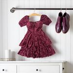 City Vibe Dress Velvet Floral Sweetheart Neck Puff Sleeve Tiered Maroon Size 0 Photo 2