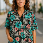 Jeri Marque Womens Blouse Sz‎ 16 Hawaiian Tropical Vintage Print Shirt Hibiscus Photo 0