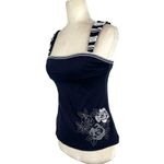 Becca Women's Size Small Floral Embroidered Crochet Strap Navy Tankini Swim Top Photo 9