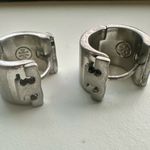 Tory Burch New Auth. Britten Logo Huggie Hoop Earrings Matte Silver on TB Card Photo 3