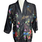 Vintage 70s Teddi Of California Kimono Style Top Size Small Black Floral Bird Photo 0
