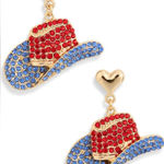 Leith Cowboy Hat Rhinestone Drop Earrings - Red/Blue/Gold Tone - NWT Photo 0