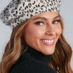 Angora Blend Animal Print Black & Gray Soft French Beret Style Hat OS Photo 0