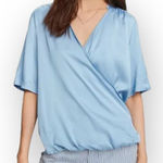 Scotch & Soda Para Dice Blouse Women's Large Blue Satin Short Sleeve Cross Front Photo 0