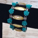 Vintage Chunky Stretch Bracelet Light Green Gems & Turquoise Tone Roses Photo 0