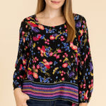 East 5th Floral Print Top Womens L Black Pink Blue Yellow Bohemian Blouse Photo 0