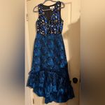 Badgley Mischka  Belle Blue Tapestry Jacquard Gown Dress Blue Retro High Low Photo 2