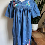 Vintage Denim Dress Nautical Embroidery Pockets Coastal Grandma L Blue Size L Photo 0