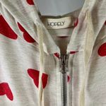 Hopely Women's Large Short Sleeve Zip Up Hoodie Cream Red Hearts Ruffle Hem Photo 2