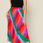 Skies Are Blue Boutique  Pink Colorful Pleated Midi Skirt S Photo 0