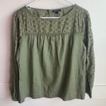 J.Crew  Mercantile Olive Green Eyelet Linen Long Sleeve Blouse Photo 2