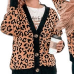 POL  Oversized Leopard Black Brown Thick Heavyweight Button Front Drop Cardigan Photo 0