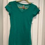 No Boundaries  Size S Turquoise V Neck Sheer Lace Mesh Back Short Sleeve T Shirt Photo 0