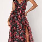 Lulus Simply Divine Black and Red Floral Print Organza Maxi Dress Medium Bridal Photo 0