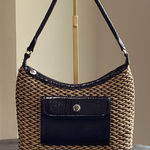 Brighton Edna Black Leather and Woven Raffia Straw Shoulder Bag Photo 0