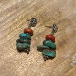 Sterling Silver Turquoise & Coral Stone 925 Dangle Earrings Photo 0