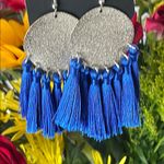 Paparazzi earrings Metallic Silver Round Disc with Blue Tassels Fashion Jewelry Photo 3