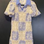 Sofie the Label Sydney Blue Knit Patchwork Mini Dress Collared Puff Sleeve S White Photo 1