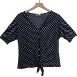 Lavish Navy Blue White Polka Dots Button Tie Front Half Sleeve V-Neck Blouse Top Photo 0