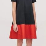 COS  Women's Navy Red Jersey Crew neck Cotton Hem A-Line Mini Dress Size Small Photo 3