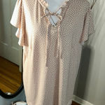 Adrianna Papell  Pink Polka Dot Blouse with Ruffle Neckline Photo 0