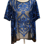 Karen Kane  Size L Mesh Floral Embroidered Blouse Top Black Blue Sheer Whimsygoth Photo 0