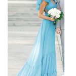 Mac Duggal Ruched Ruffled Shoulder Cut Out Lace Up Gown in Turquoise US 12 NWT Photo 2