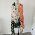 Orange Dark Blue Two Tone Flower Print Semi Sheer Wrap Wide Scarf Photo 1